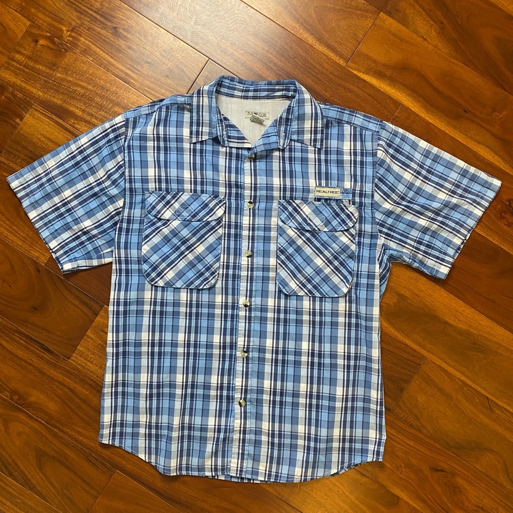 EUC Men’s Size M, Sun River Clothing Co. RealTree Blue Plaid Short Sleeve Shirt